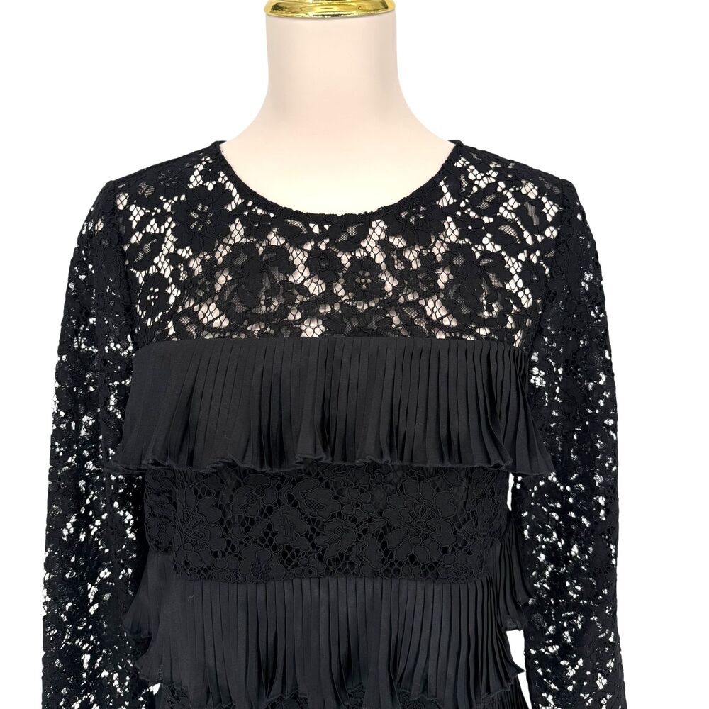J Crew Black Lace Ruffle Top 4 Sheer Sleeve Floral Pleated Tiered Blouse Keyhole - Picture 3 of 10